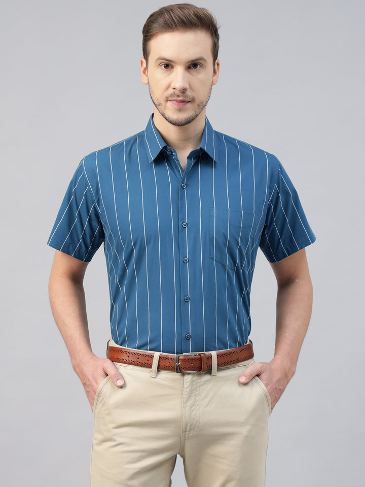 Men Turquoise Blue Striped Pure Cotton Slim Fit Short Sleeve Formal Shirt