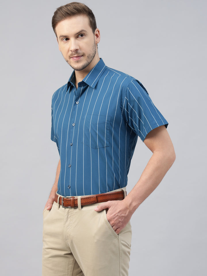 Men Turquoise Blue Striped Pure Cotton Slim Fit Short Sleeve Formal Shirt