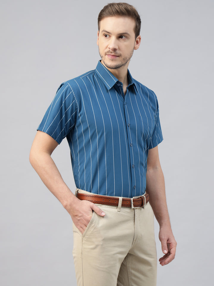 Men Turquoise Blue Striped Pure Cotton Slim Fit Short Sleeve Formal Shirt