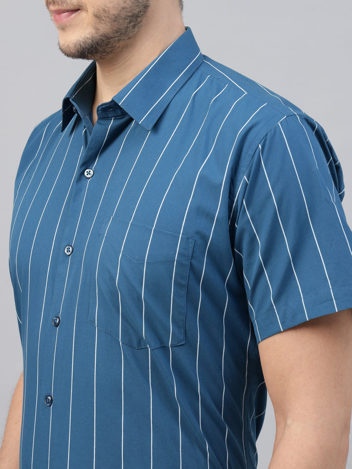 Men Turquoise Blue Striped Pure Cotton Slim Fit Short Sleeve Formal Shirt