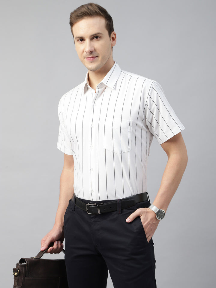 Men White Striped Cotton Slim Fit Short Sleeve Formal Shirt