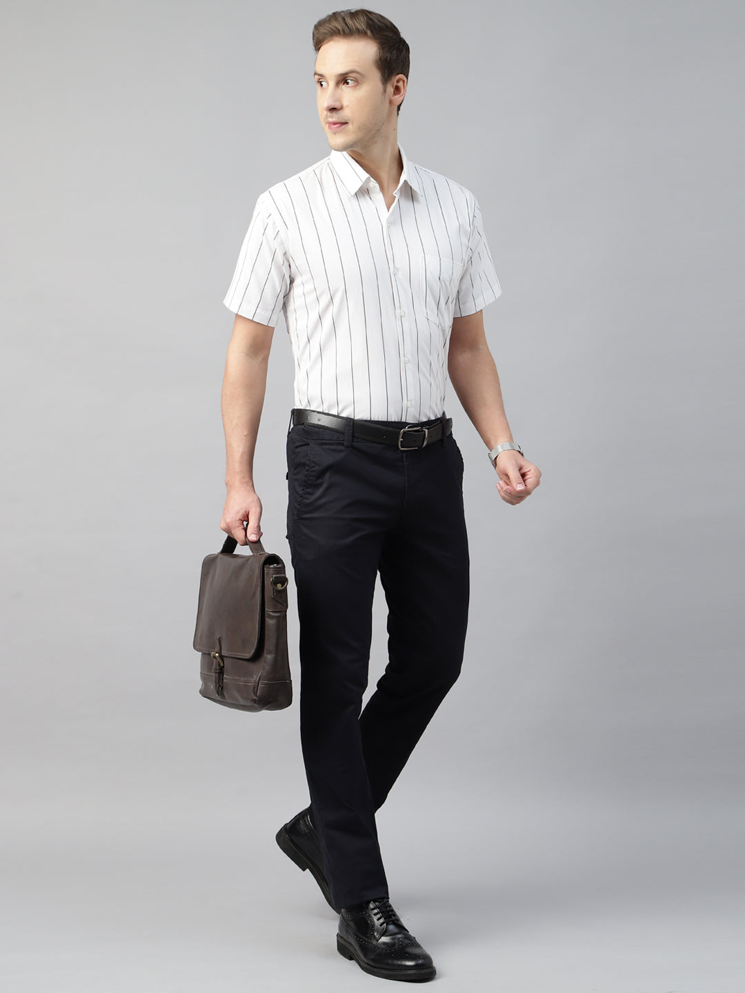 Men White Striped Cotton Slim Fit Short Sleeve Formal Shirt