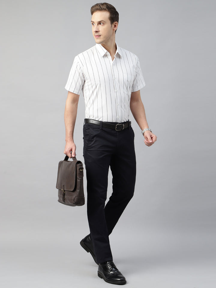 Men White Striped Cotton Slim Fit Short Sleeve Formal Shirt