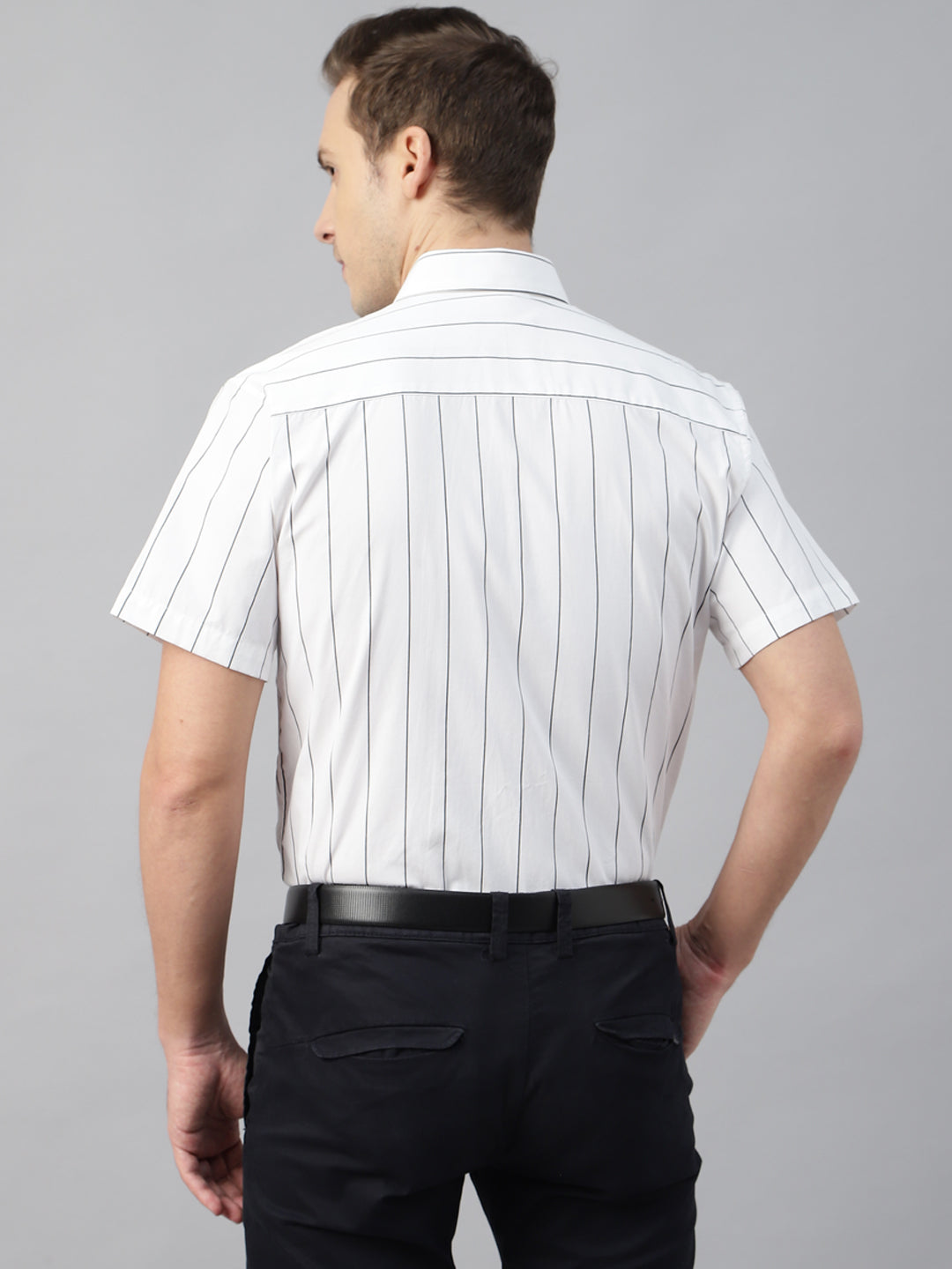 Men White Striped Cotton Slim Fit Short Sleeve Formal Shirt