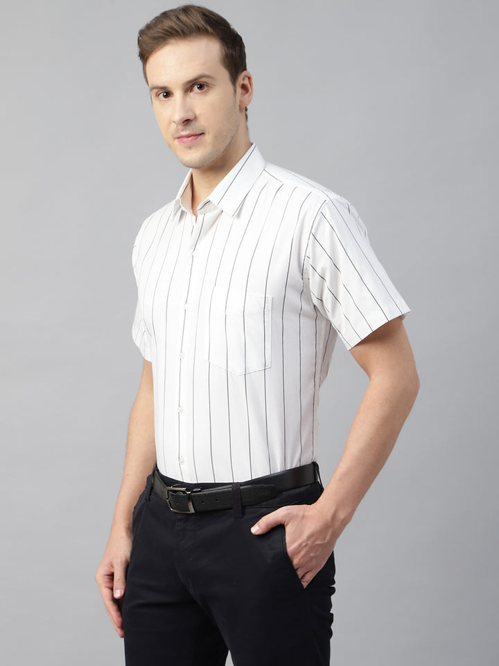 Men White Striped Cotton Slim Fit Short Sleeve Formal Shirt