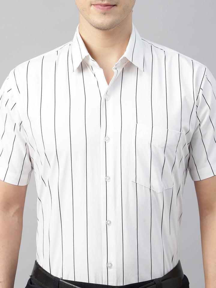 Men White Striped Cotton Slim Fit Short Sleeve Formal Shirt