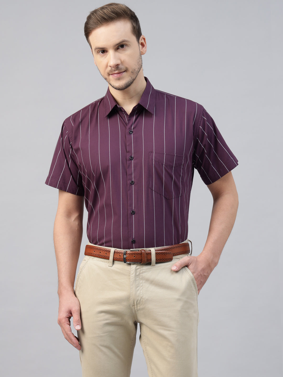 Men Burgundy Striped Pure Cotton Slim Fit Short Sleeve Formal Shirt