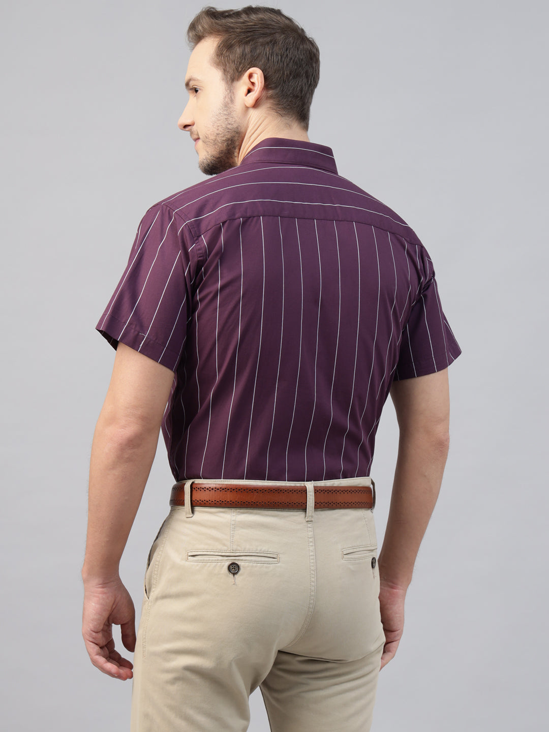 Men Burgundy Striped Pure Cotton Slim Fit Short Sleeve Formal Shirt