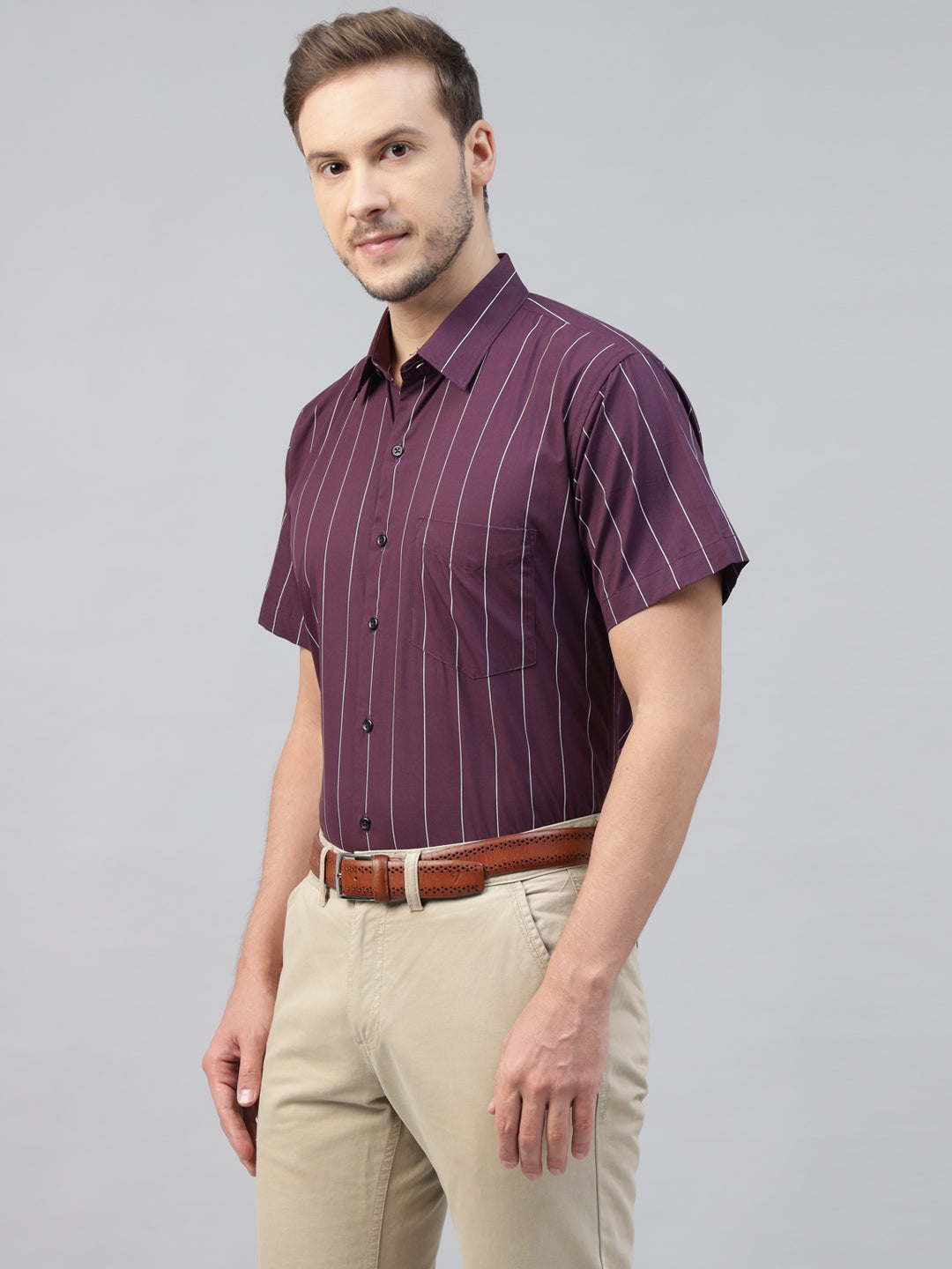 Men Burgundy Striped Pure Cotton Slim Fit Short Sleeve Formal Shirt