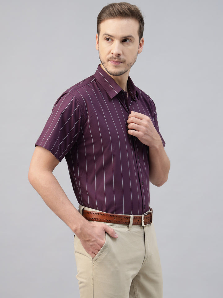 Men Burgundy Striped Pure Cotton Slim Fit Short Sleeve Formal Shirt