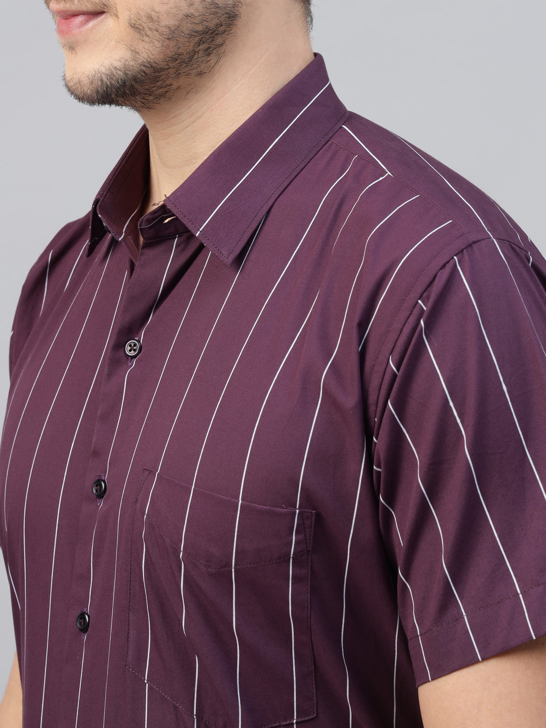 Men Burgundy Striped Pure Cotton Slim Fit Short Sleeve Formal Shirt