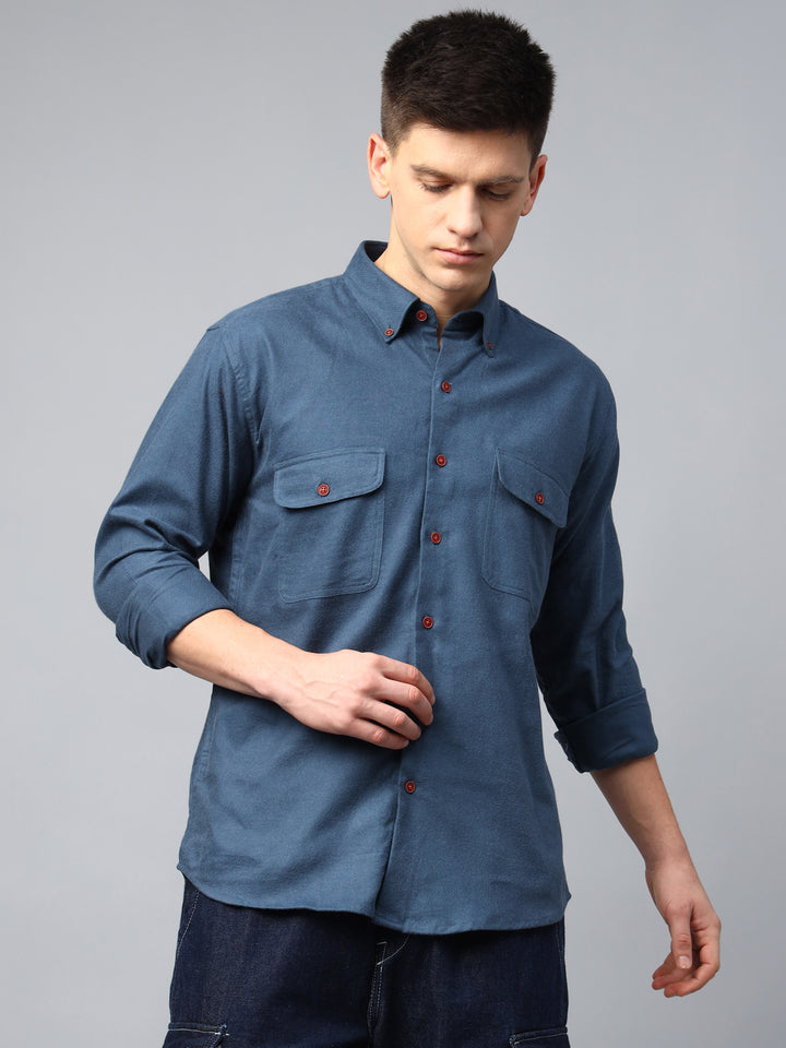 Men Bluish grey Solid Cotton Slim Fit Casual Shirt