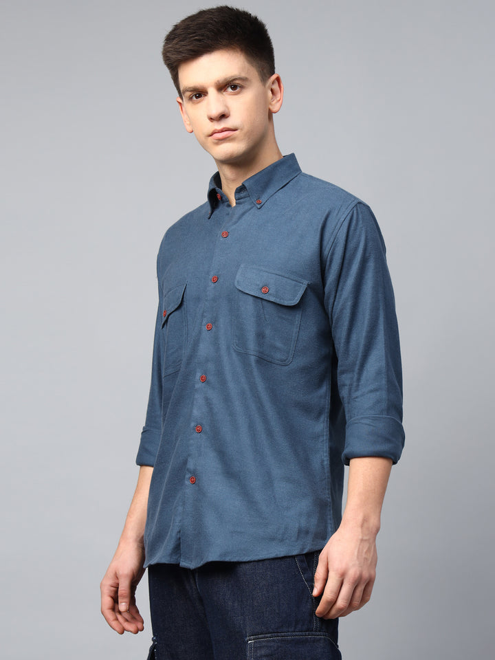 Men Bluish grey Solid Cotton Slim Fit Casual Shirt