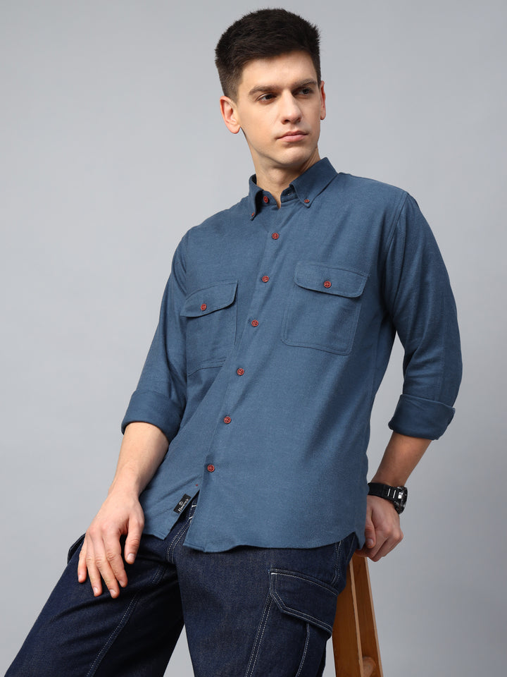 Men Bluish grey Solid Cotton Slim Fit Casual Shirt