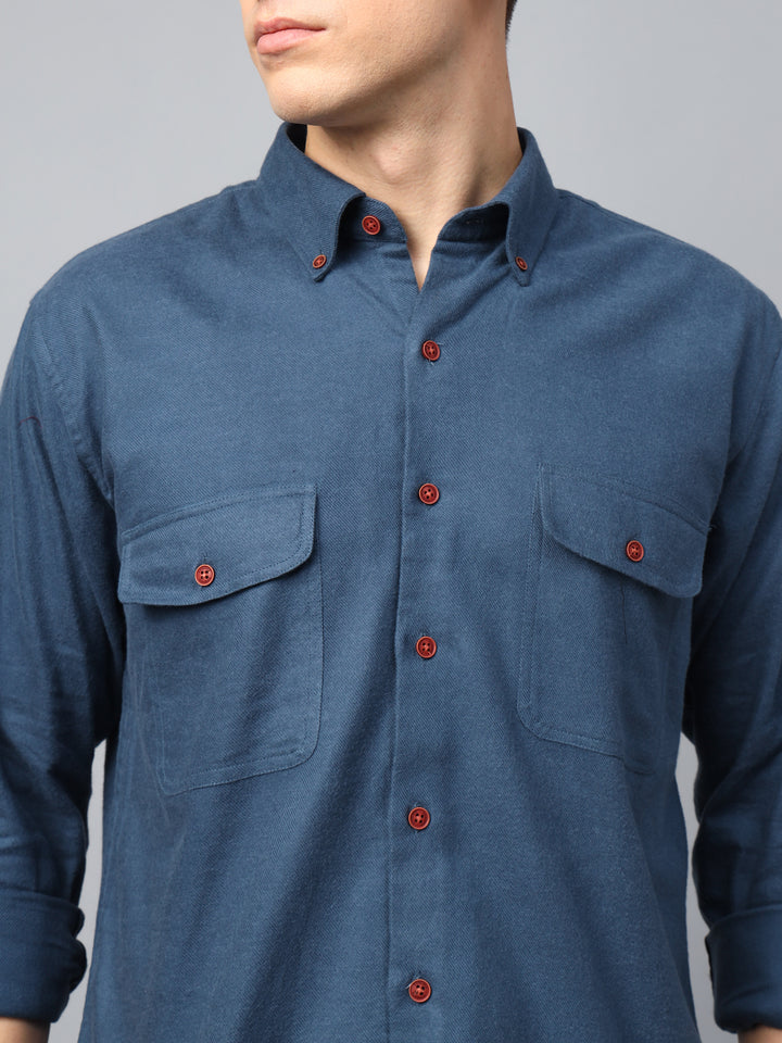 Men Bluish grey Solid Cotton Slim Fit Casual Shirt