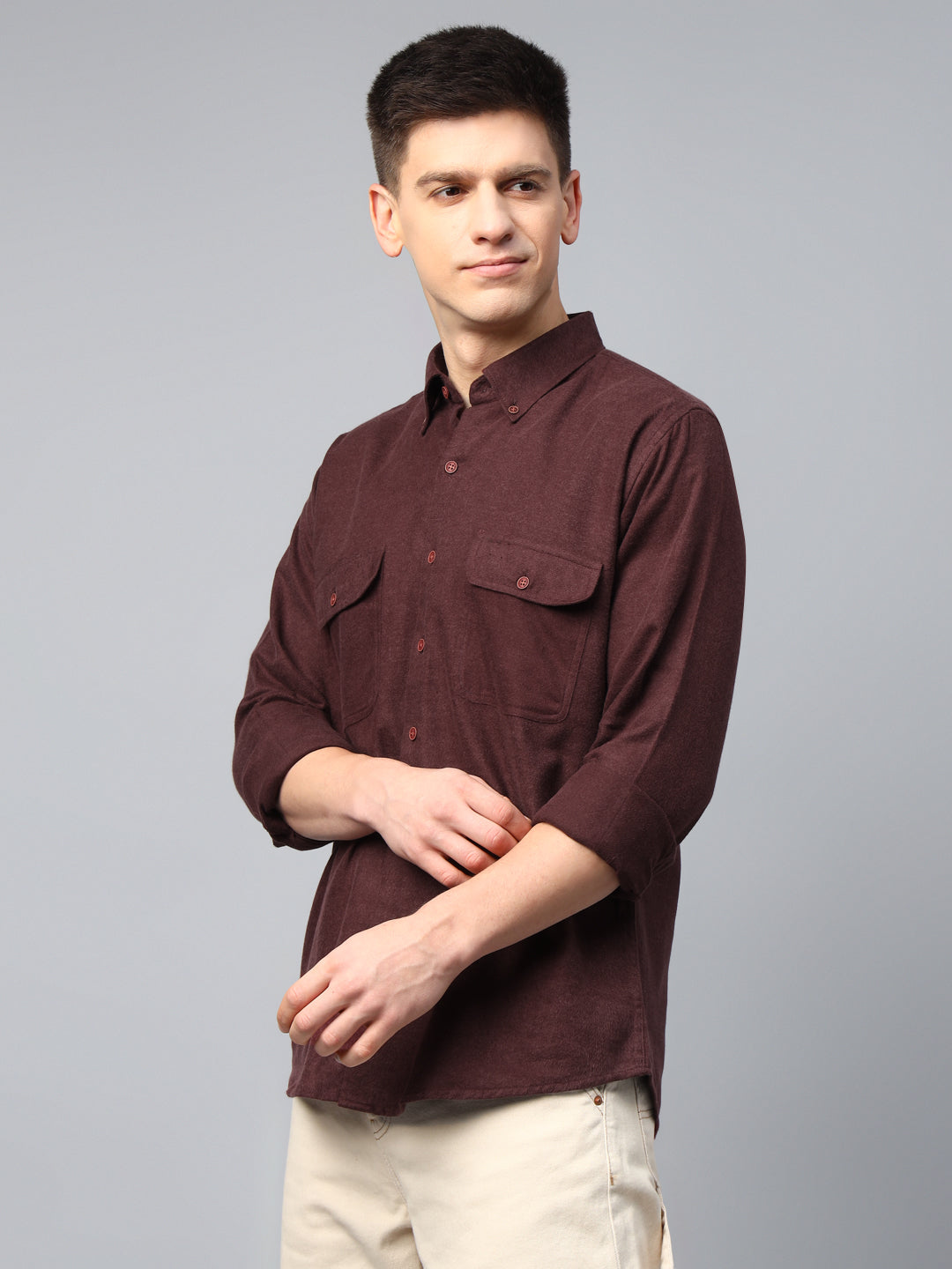 Men Burgundy Solid Cotton Slim Fit Casual Shirt