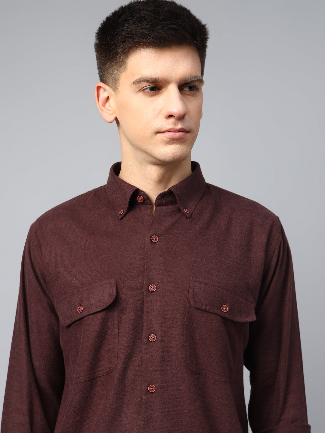 Men Burgundy Solid Cotton Slim Fit Casual Shirt