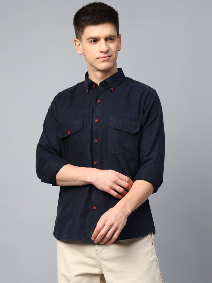 Men Navy Solid Cotton Slim Fit Casual Shirt