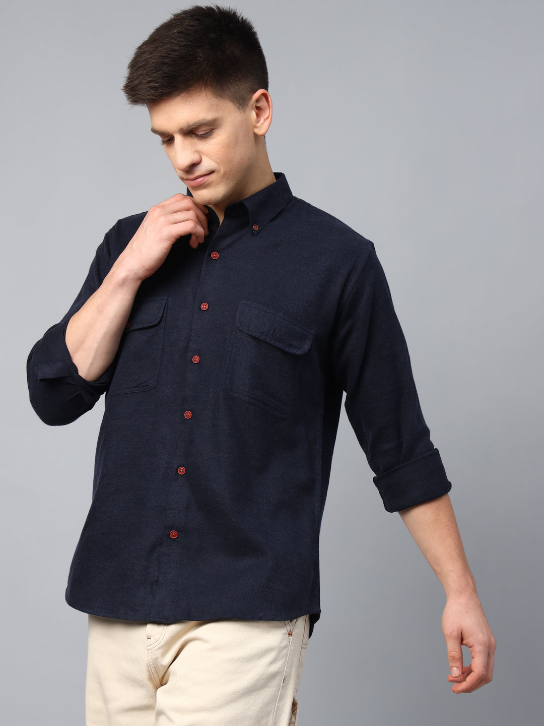 Men Navy Solid Cotton Slim Fit Casual Shirt