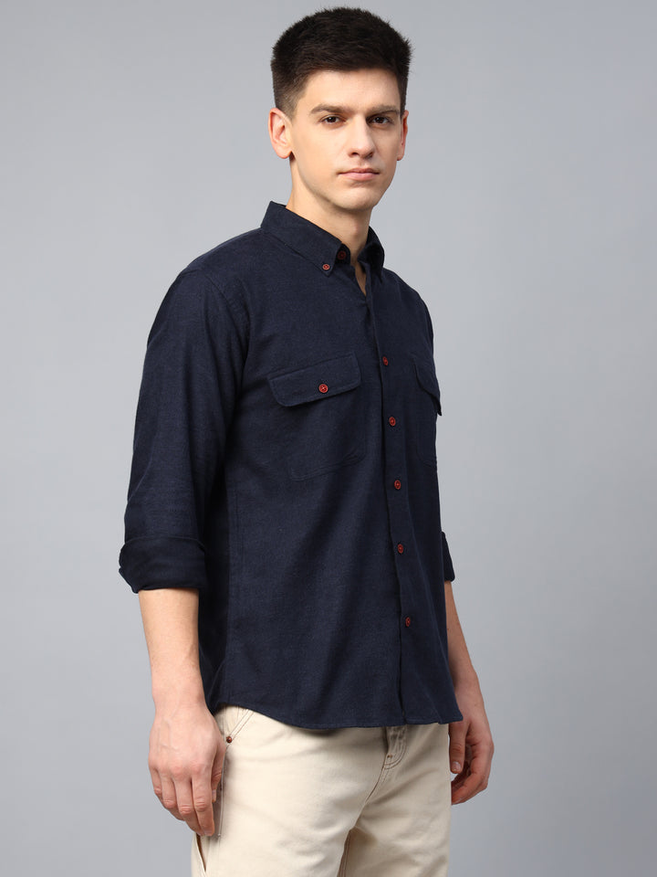 Men Navy Solid Cotton Slim Fit Casual Shirt