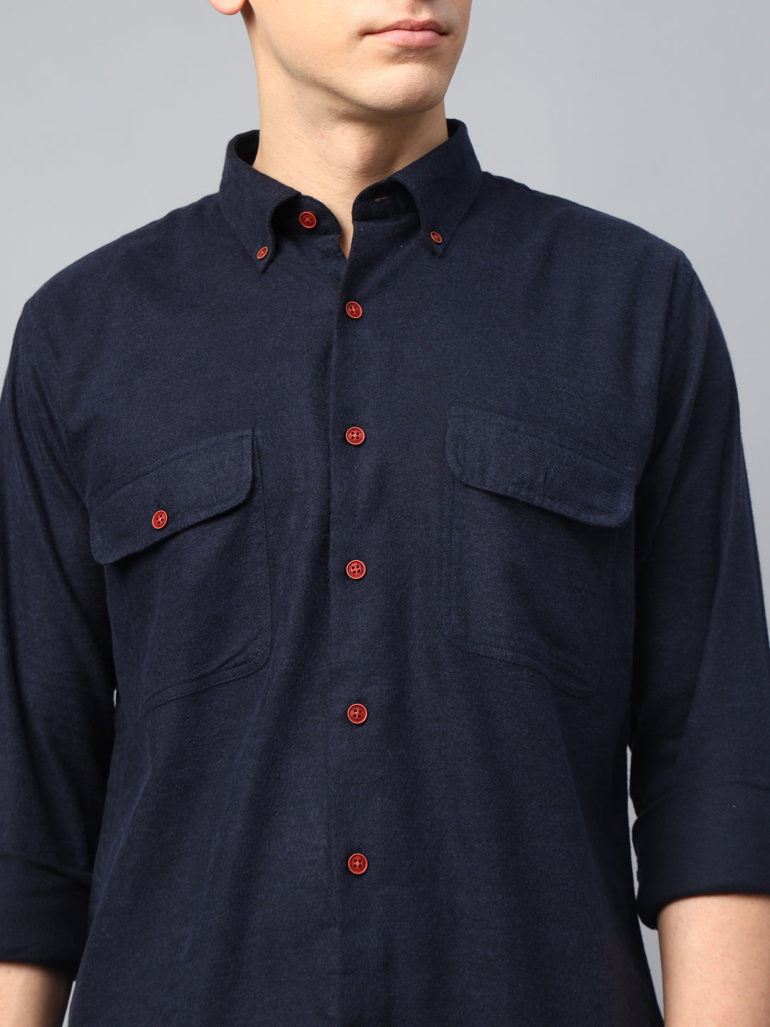 Men Navy Solid Cotton Slim Fit Casual Shirt