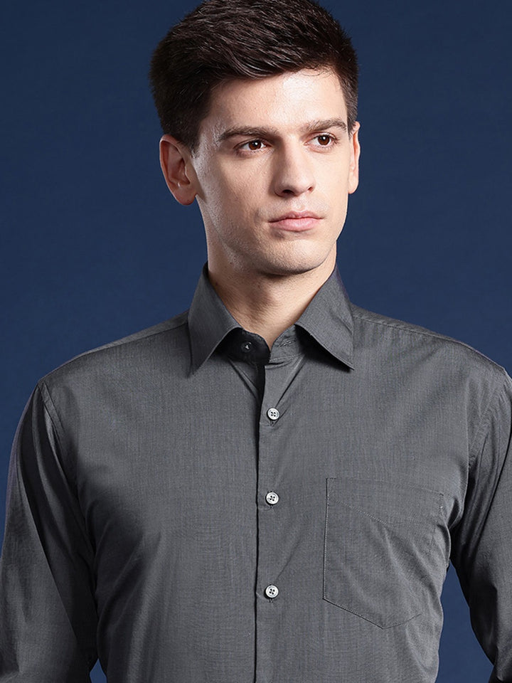 Men Grey Solid Pure Cotton Slim Fit Formal Shirt