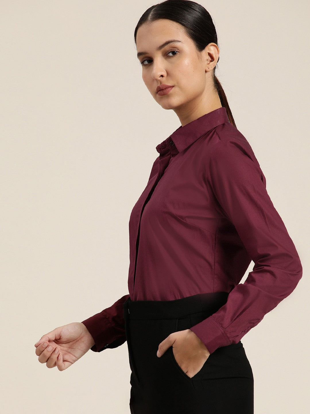 Women Wine Solid Pure Cotton Plus Size Formal Shirt