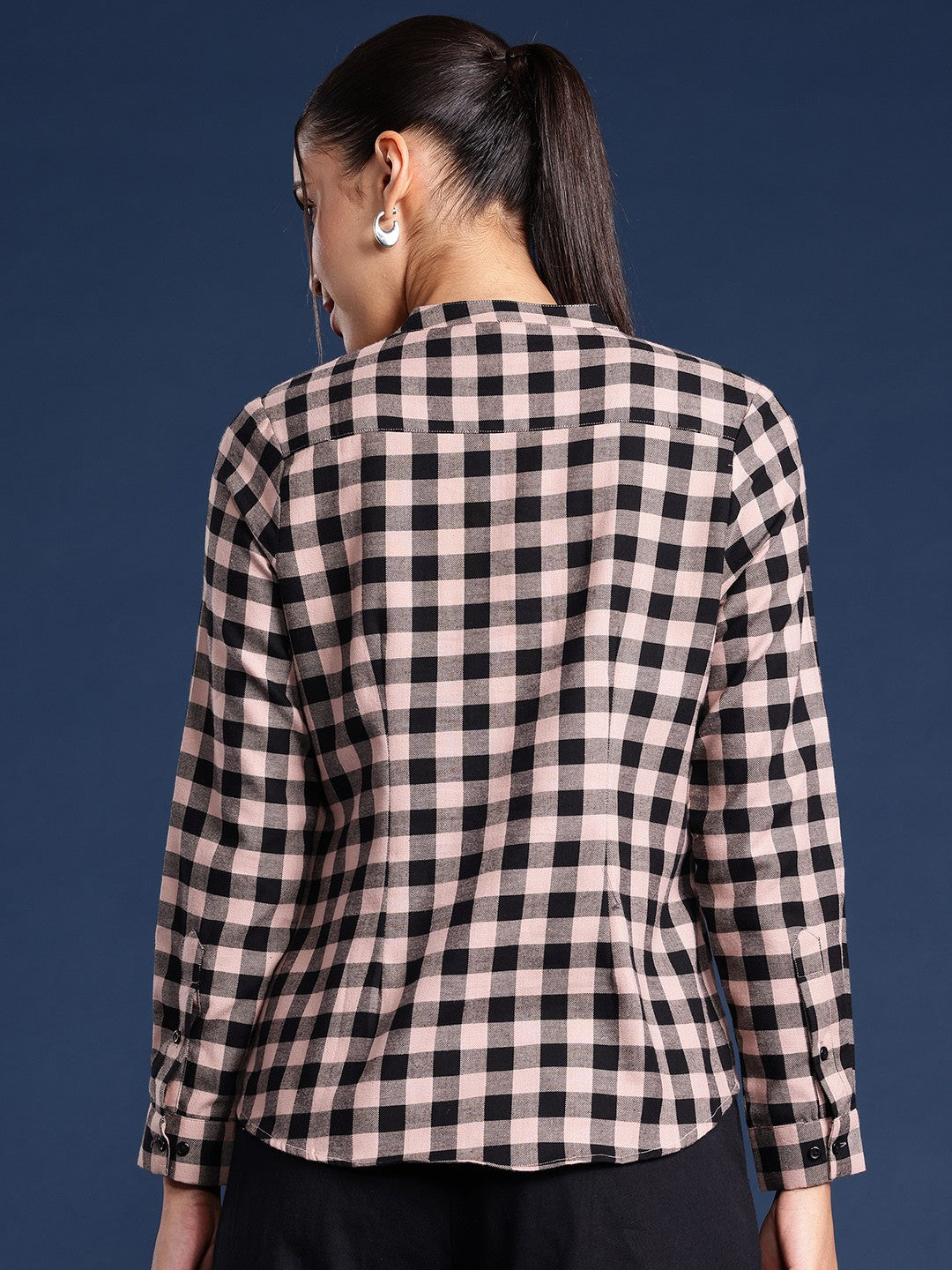 Women Black Twill Checks Pure Cotton Regular Fit Formal Top