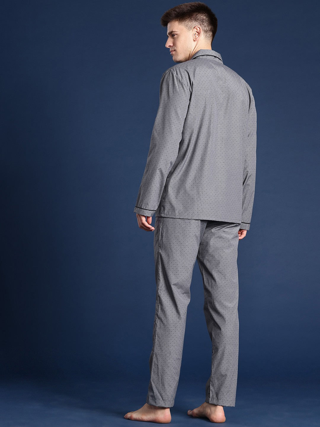 Men Grey Solid Pure Cotton Relaxed Fit Casual Night Suit