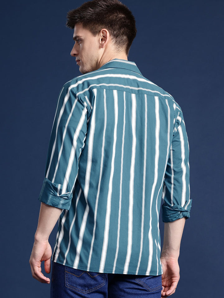 Men Teal blue Striped Pure Cotton Relaxed Fit Casual Shirt