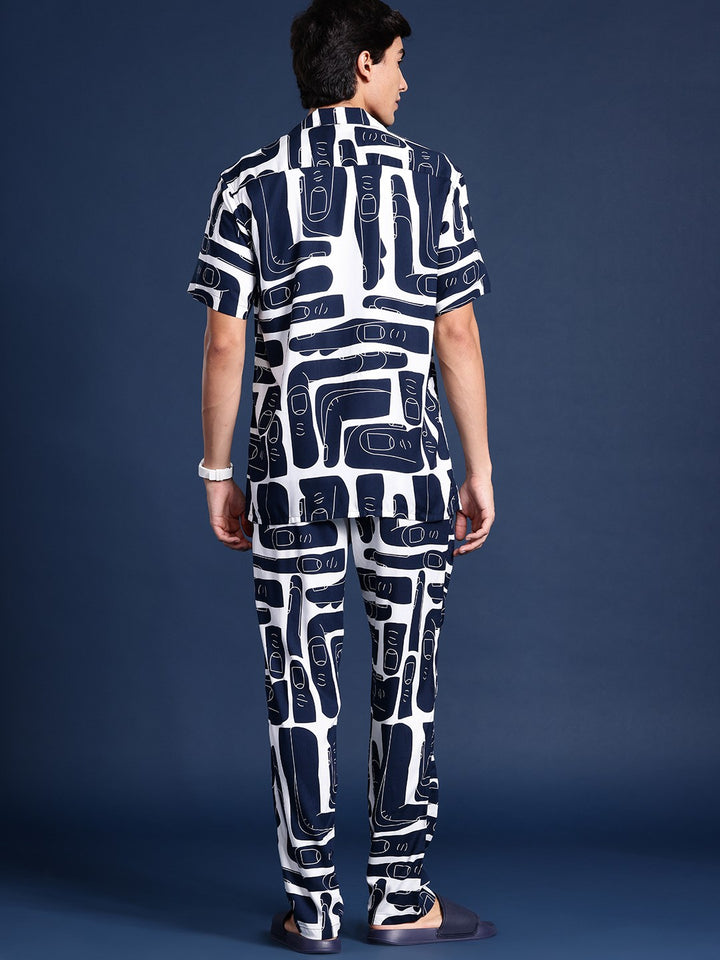 Men Navy Blue & White Printed Viscose rayon Regular Fit Casual Co &Ord Sets