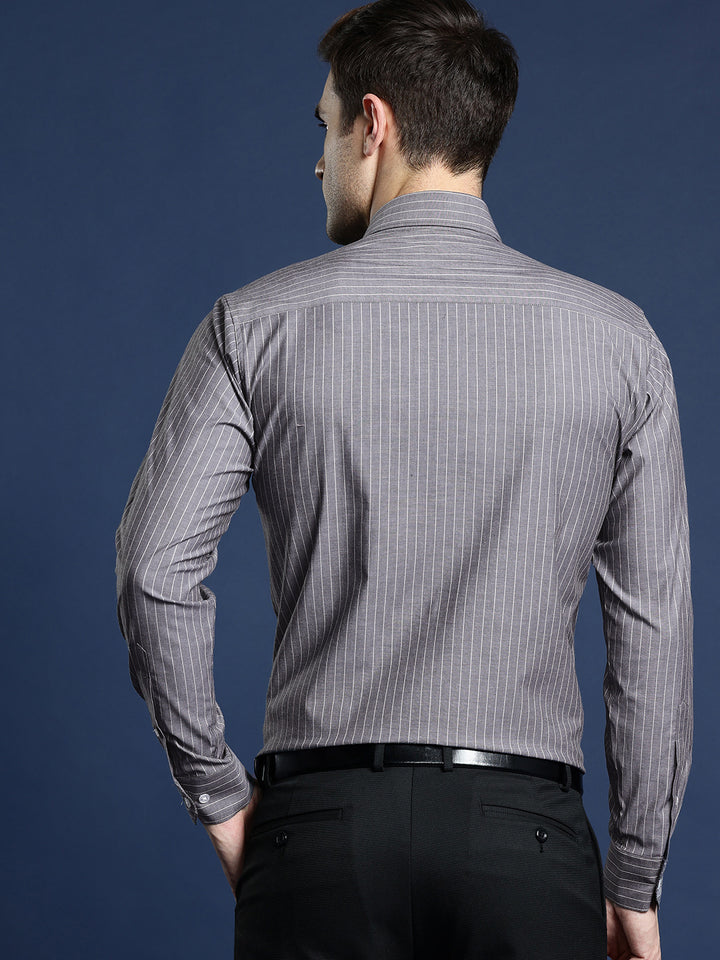 Men Grey Striped Pure Cotton Slim Fit Formal Shirt