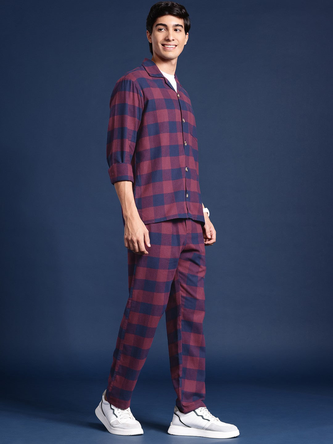 Men Maroon& Navy Blue Checked Pure Cotton Regular Fit Casual Co &Ord Sets