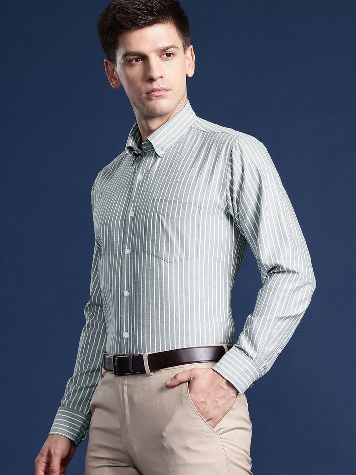 Men Grey Striped Cotton polyster Slim Fit Formal Shirt