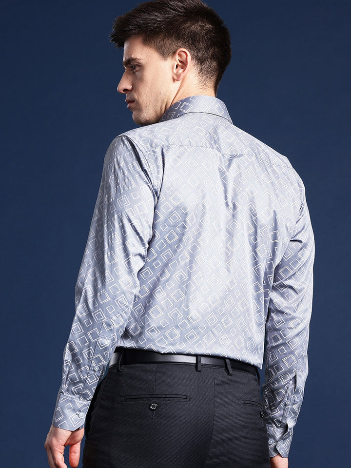 Men Grey Printed Cotton satin Slim Fit Formal Shirt