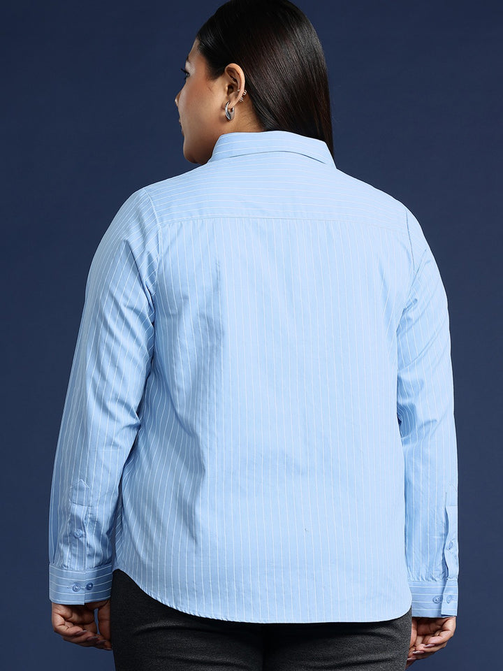 Women Blue Nautical Stripes Pure Cotton Plus Size Formal Shirt