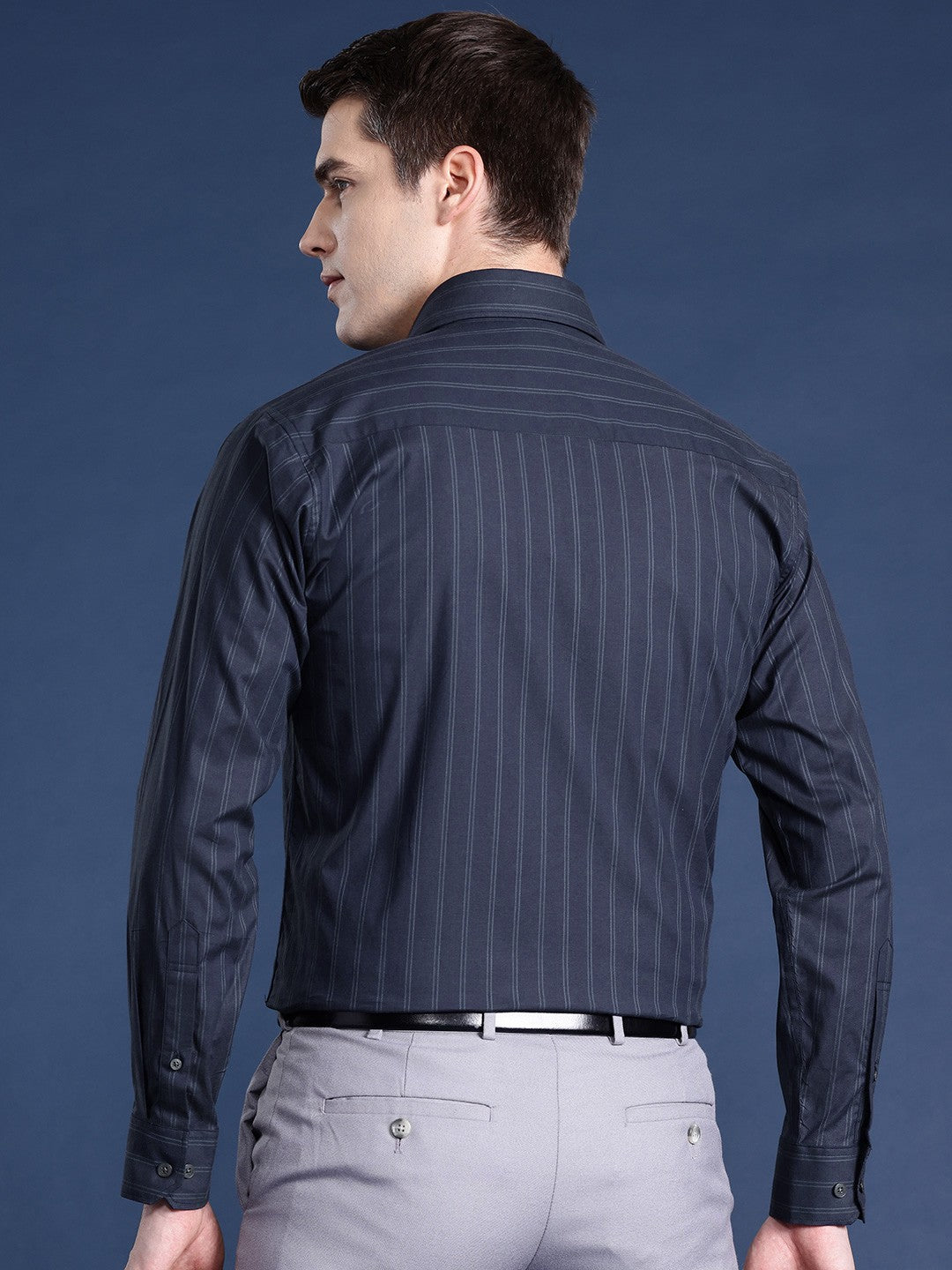 Men Navy Blue Striped Pure Cotton Slim Fit Formal Shirt