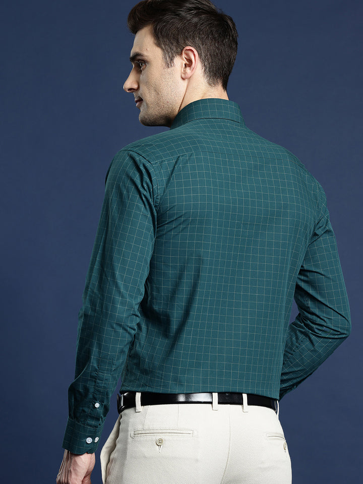 Men Bottle Green Grid Tattersal Checked Pure Cotton Slim Fit Formal Shirt