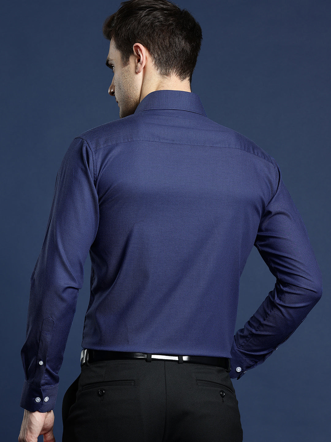 Men Navy Blue Textured Self Design Pure Cotton Slim Fit Formal Shirt