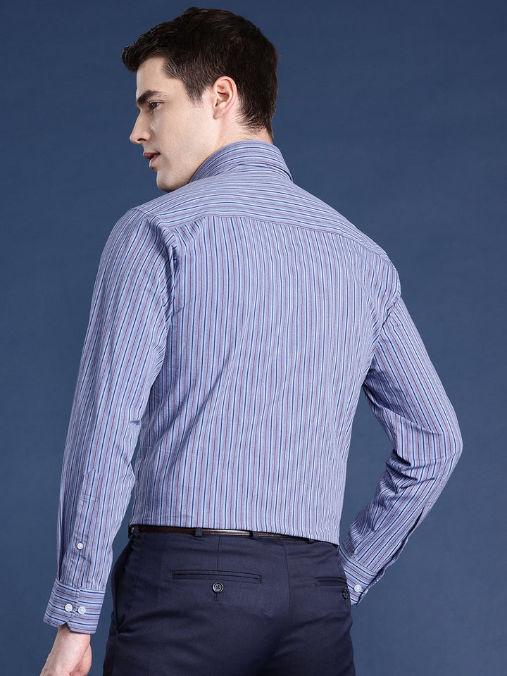 Men Grey Striped Cotton Elastane Slim Fit Formal Shirt