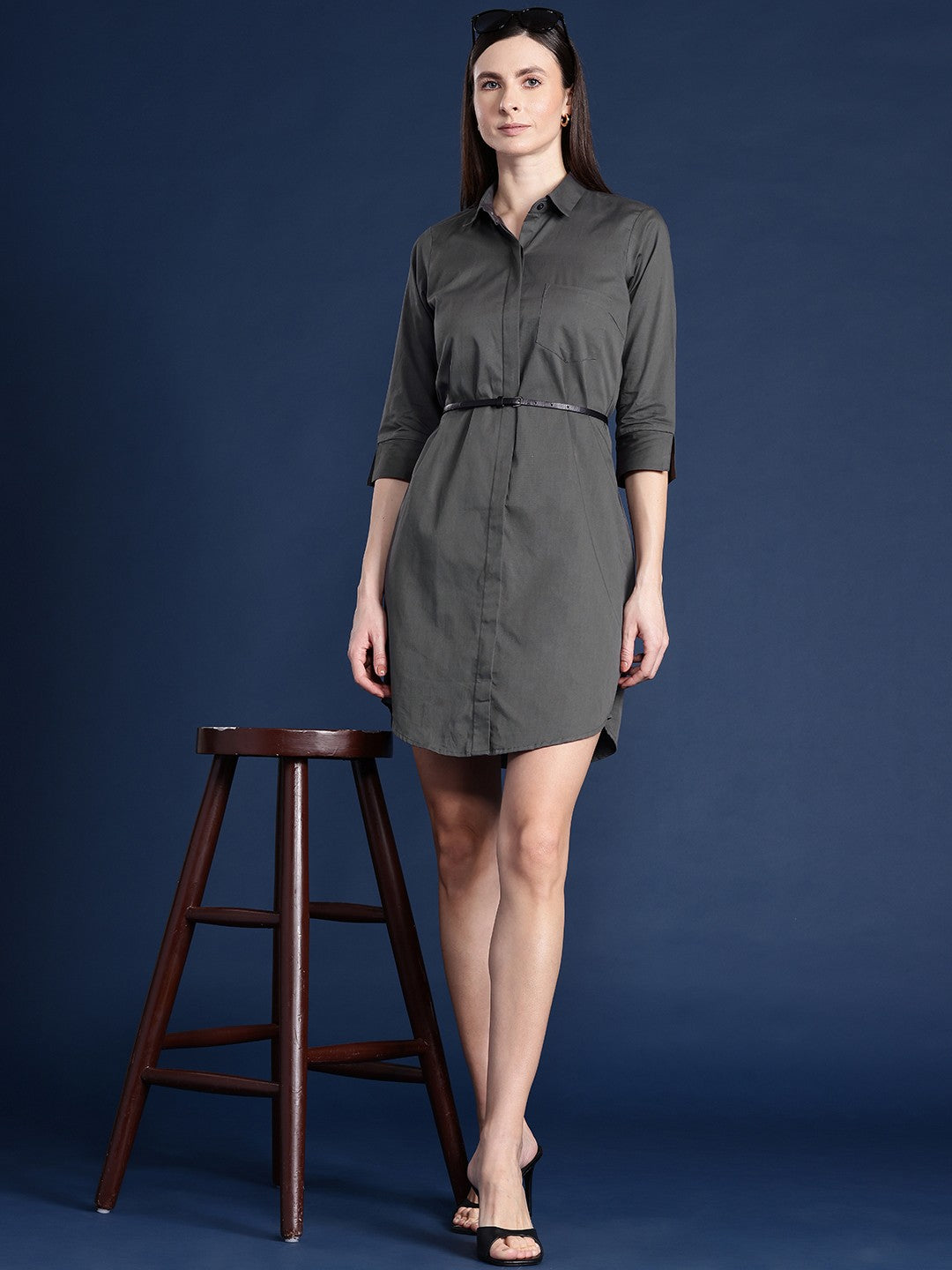 Women Grey Solid Pure Cotton Regular Fit Formal Shirt Dress