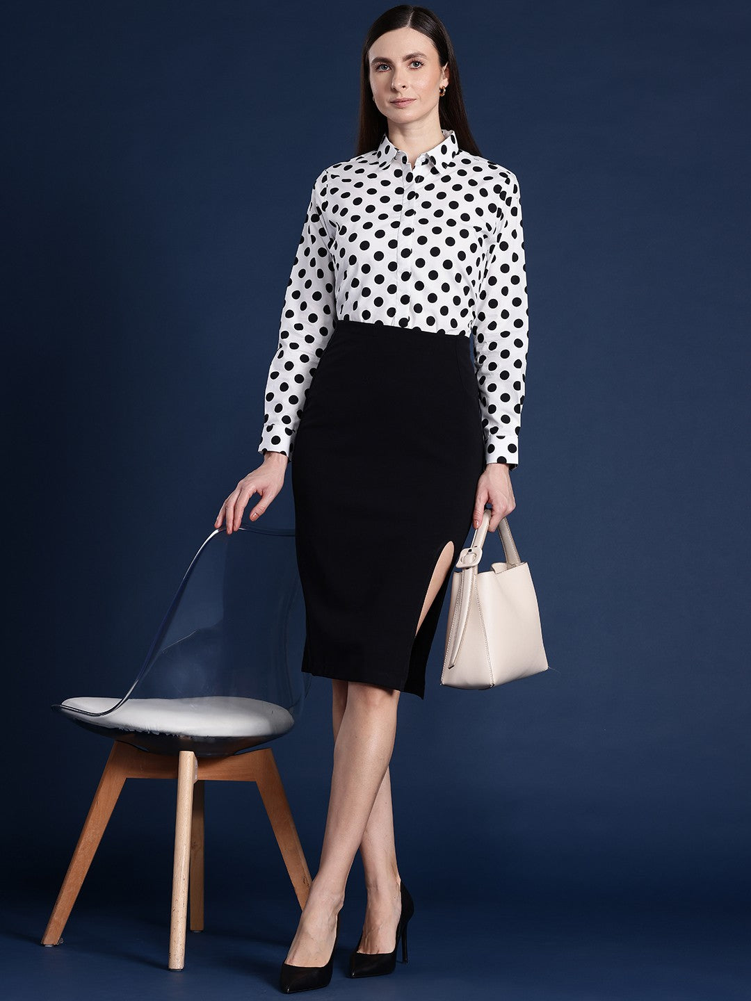 Women White Polka Dot Print Pure Cotton Formal Shirt