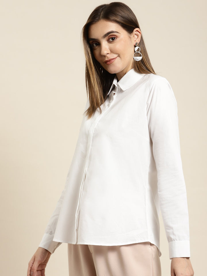 Women White Solid Pure Cotton Plus Size Formal Shirt