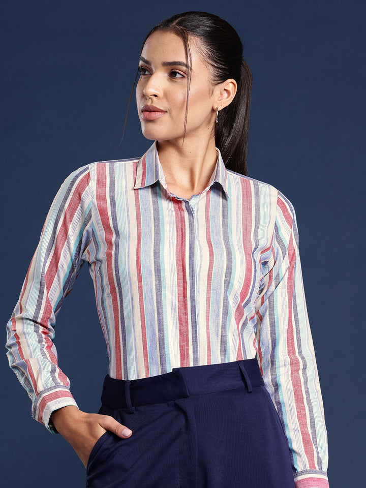 Women White Stripes Linen Formal Shirt