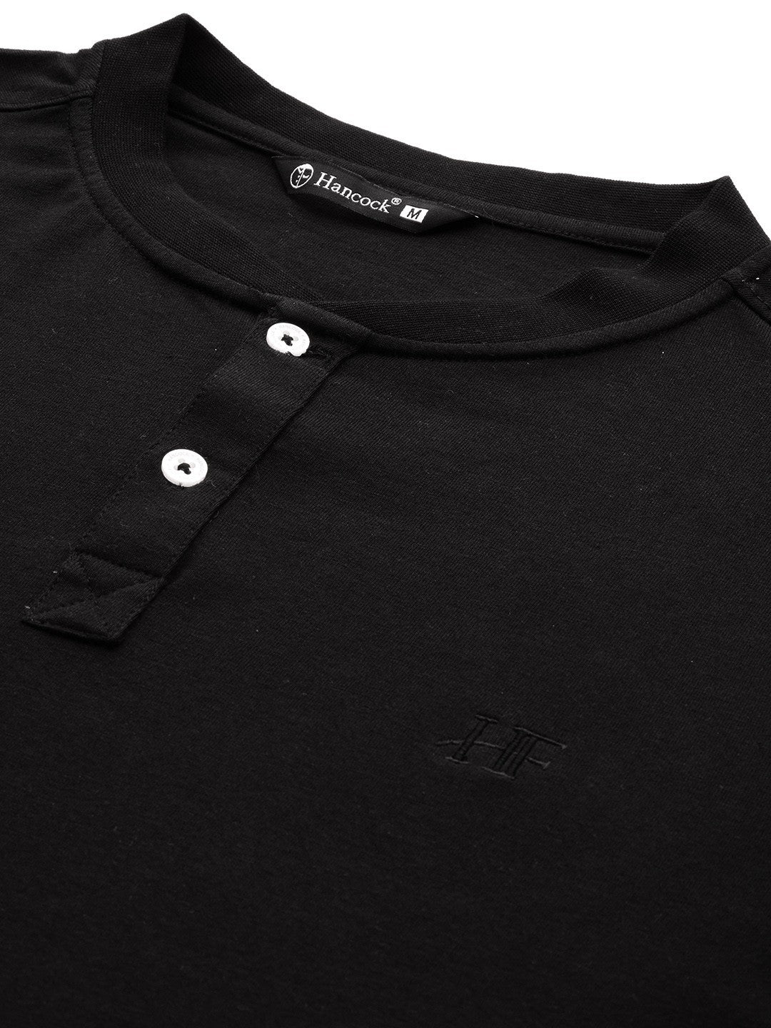 Men Black Solid Pure Cotton Relaxed Fit Henley T-Shirt