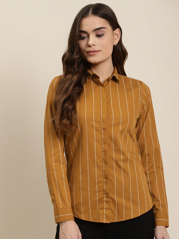 Women Mustard Stripes Pure Cotton Plus Size Formal Shirt