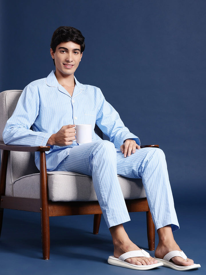 Men Blue & White Striped Pure Cotton Relaxed Fit Casual Night Suit