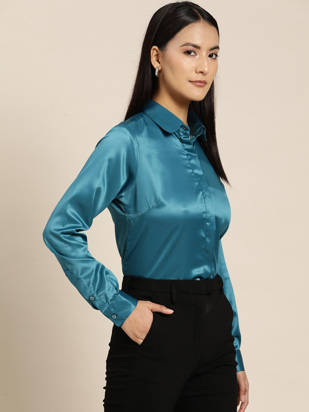 Women Green Solid Satin Formal Shirt