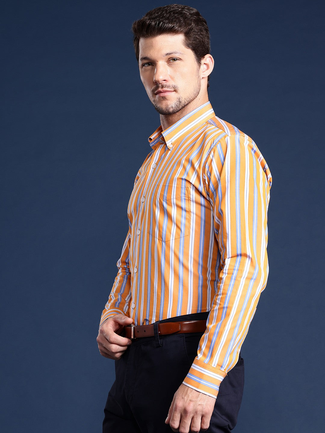 Men Yellow Striped Pure Cotton Slim Fit Formal Shirt