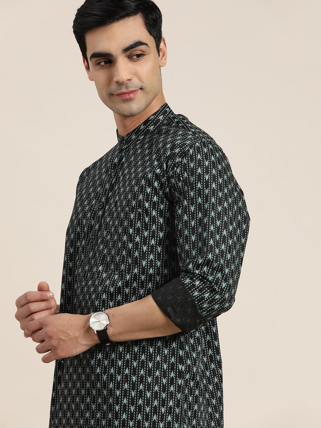 Men Black & Blue Geometric Print Pure Cotton Regular Fit Casual Kurta